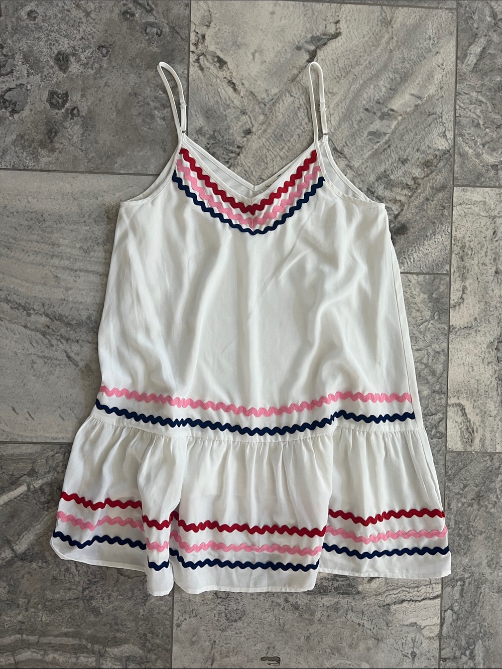 entro White Sundress with Pink, Navy & Red Ric Rak